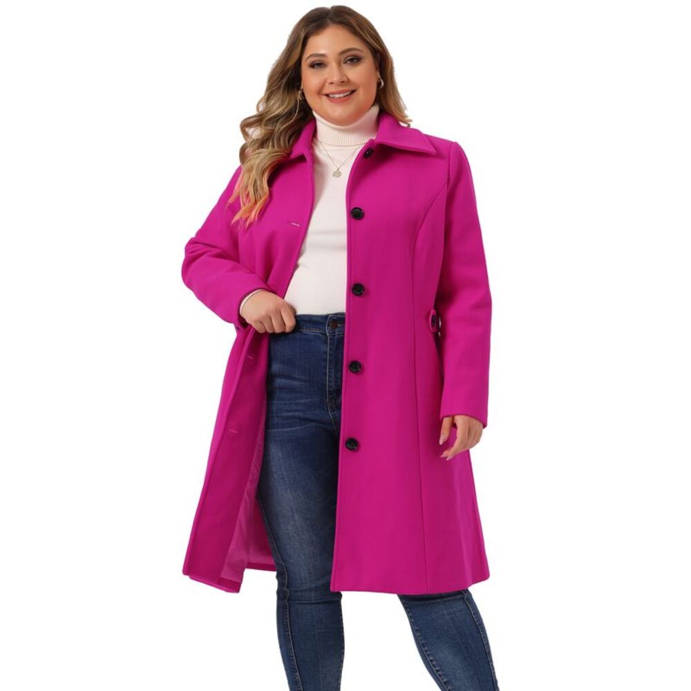 Women's Plus Size Single Breasted Belted Winter Long Coat Hot Pink